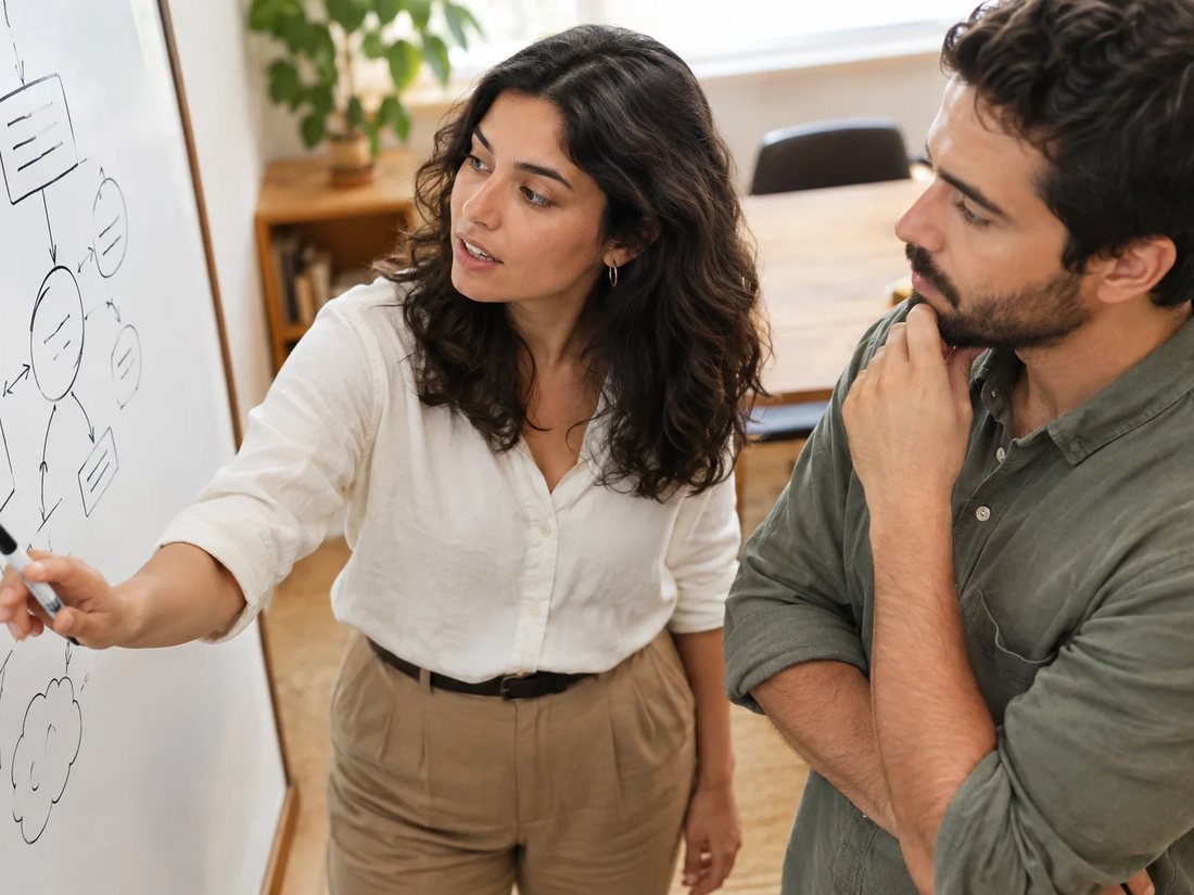 Dupla em pé diante de um quadro branco com o esqueleto de um argumento desenhado